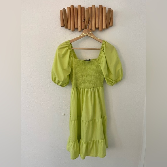 Lark + Grey Green Puff Sleeve Shirred Dress Midi - Picture 5 of 7